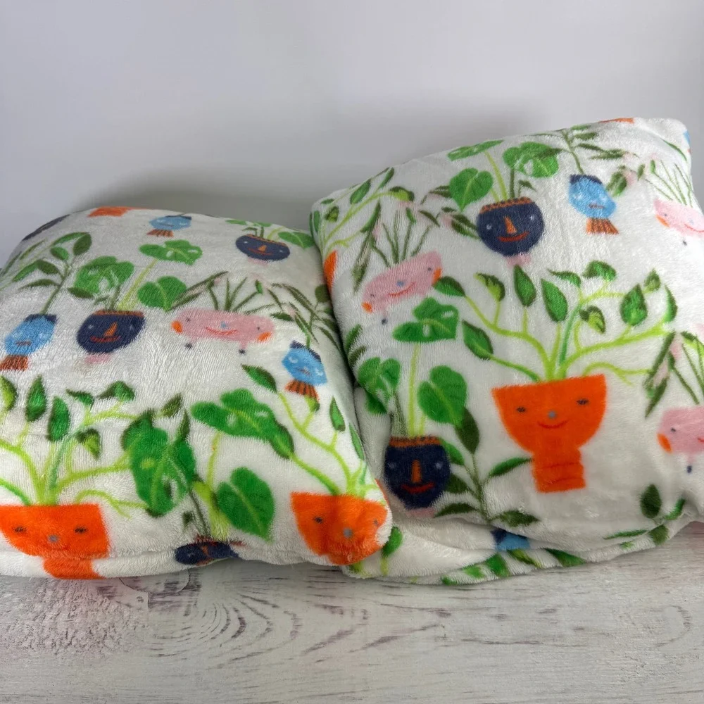 Set of 2 Plant Lover Plush Throw Pillows 14x14 Whimsical Potted Plants Print